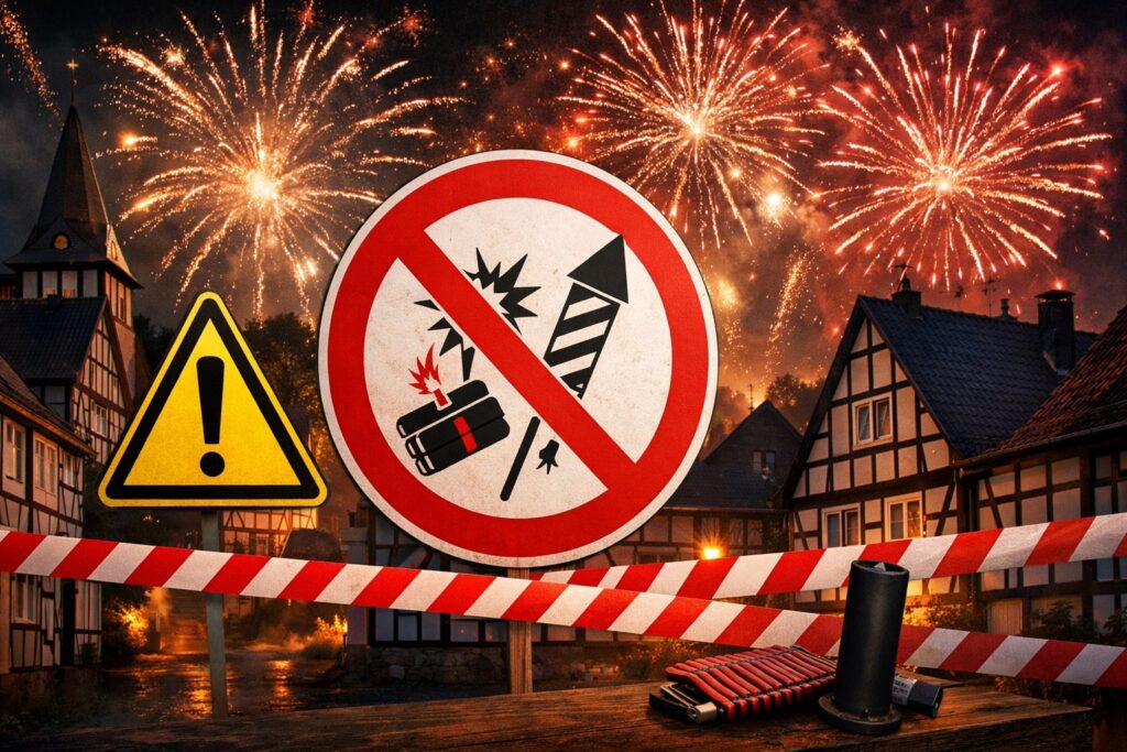 Warnschild vor Feuerwerk in Fachwerksiedlung